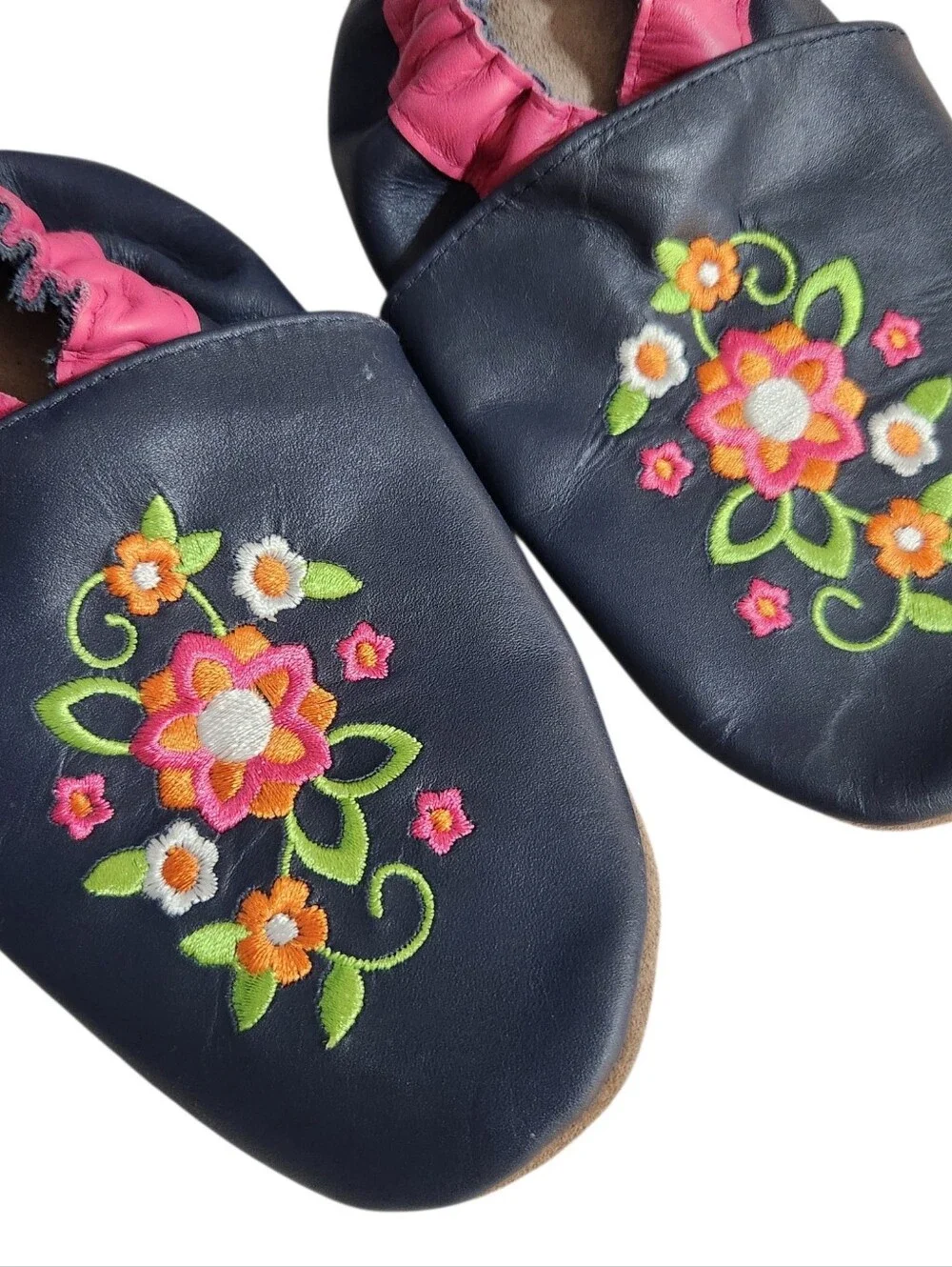Robeez Leather Slippers Girls Size 3-4 Years Blue Pink Floral Slip On Shoes